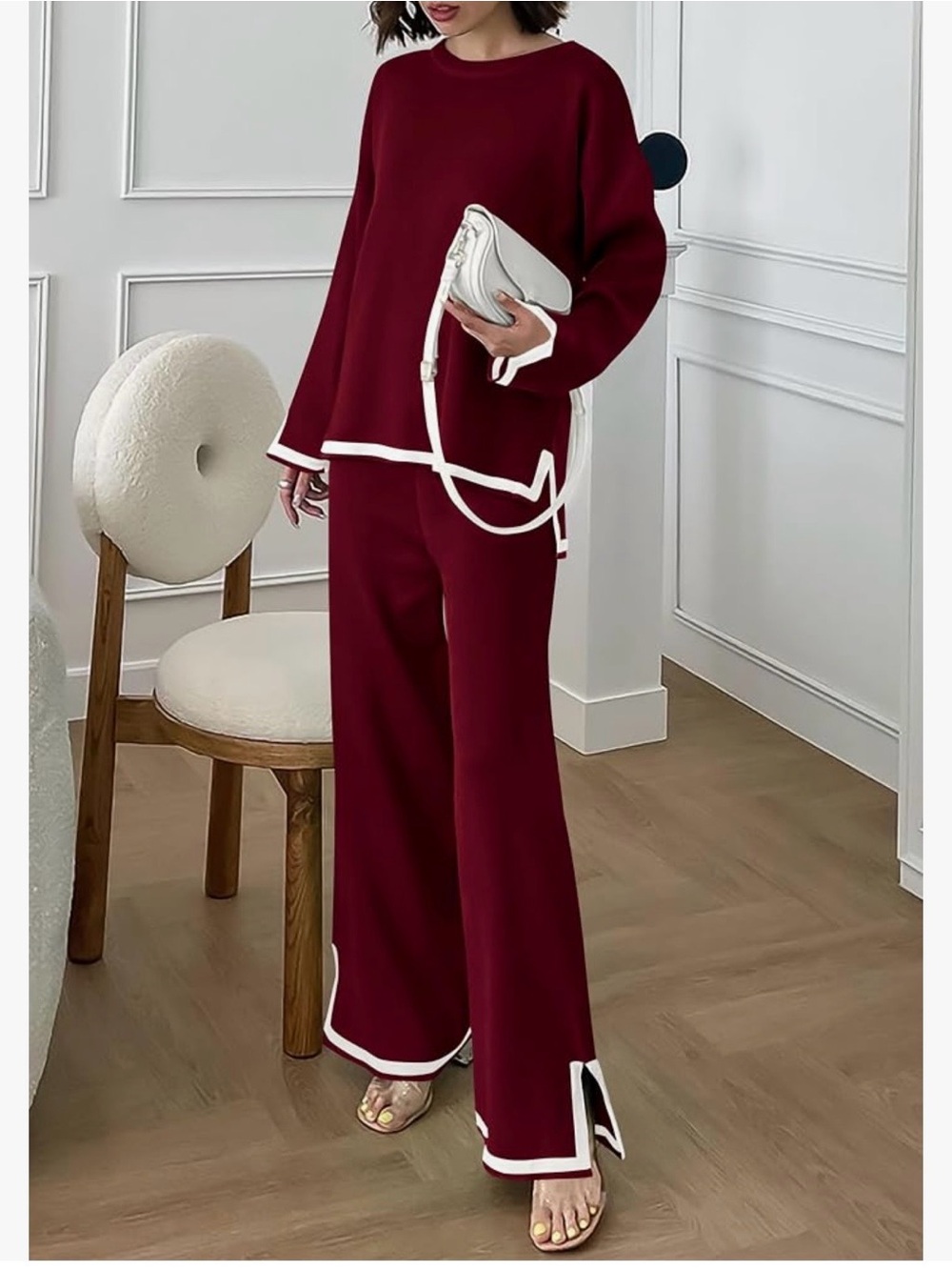 Wine Red Wide-Leg Knit Pants with White Trim - Sleek Comfort